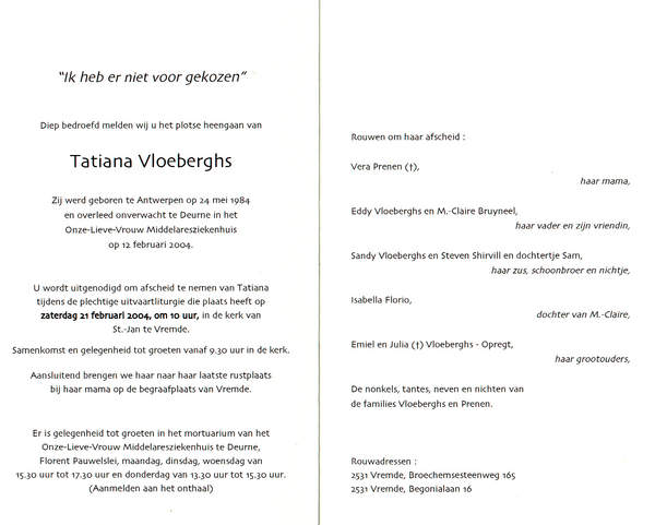 Overlijdensbrief Tatiana Vloeberghs